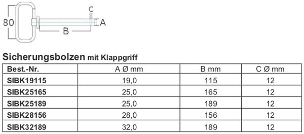 Sicherungsbolzen mit Klappgriff, 28 x 156 mm, verz., SIBK28156
