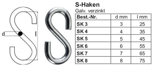 Verzinkter S-Haken, 3,0 mm SK3
