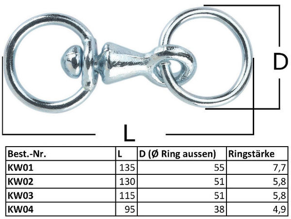 Verzinkter Kettenwirbel Stabil. 135mm lang, Ring 7,7mm x 55a/40i