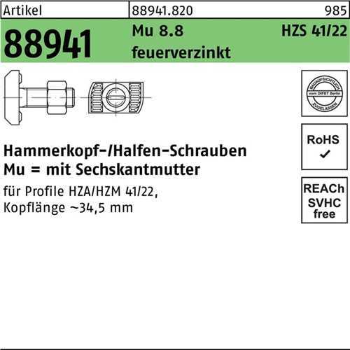 25 Stück - Hammerkopf-/Halfen-Schrauben - Güteklasse 8.8 - HZS 41/22 - feuerverzinkt - M 16 x 50 mm