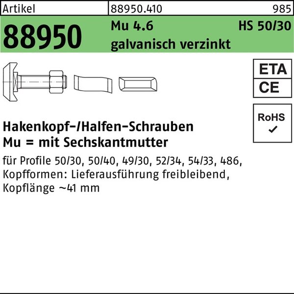 25 Stück - Hammerkopf-/Halfen-Schrauben - Güteklasse 4.6 - verzinkt - HS 50/30 - M 16 x 125 mm