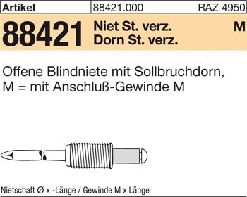100 Stück offene Blindnietschrauben mit Sollbruchdorn - M 8 x 15,5 (Nietschaft 11 x 17 mm)